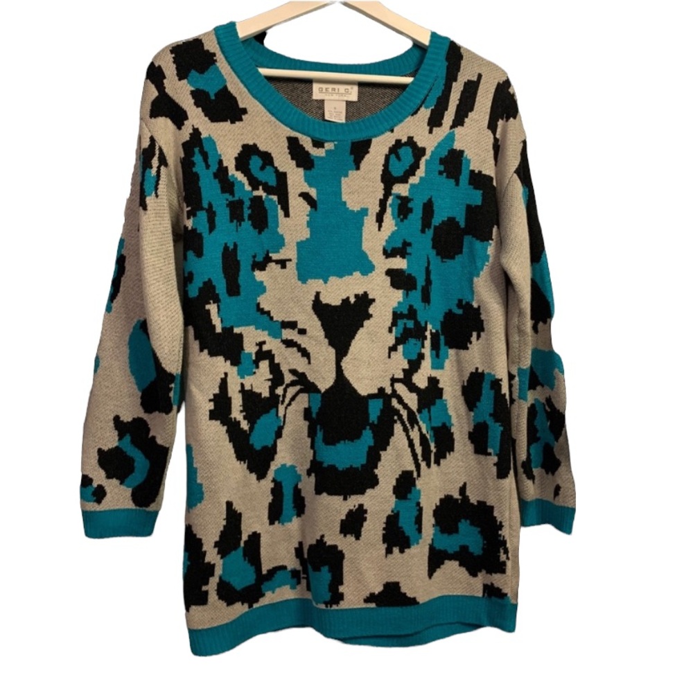 Geri C New York S leopard teal wool blend sweater large print warm soft metallic